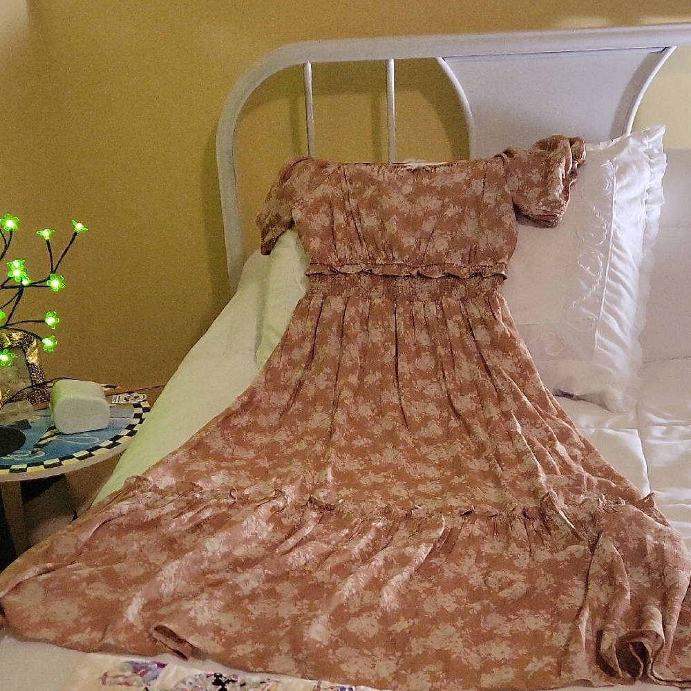 Bohme Floral Midi Dress in Tan and Cream - Picture 4 of 6